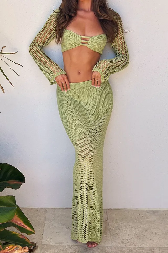Women's New Lace up Long Sleeve Narrow Casual Knitted Dress Suit Green - Shop at LoveMi