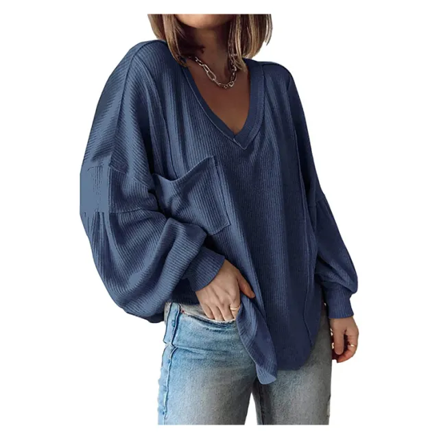 Casual V neck Pocket Lantern Sleeve Loose Knitted Pullover Shirt Women Dark Blue - Shop at LoveMi