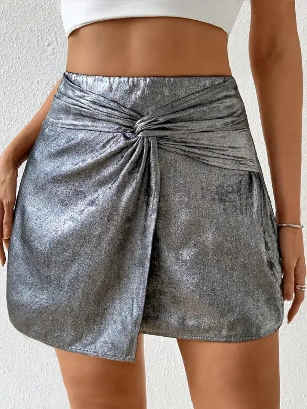 Personalized High Waist Twisted Mini Hip Skirt Silver - Shop at LoveMi