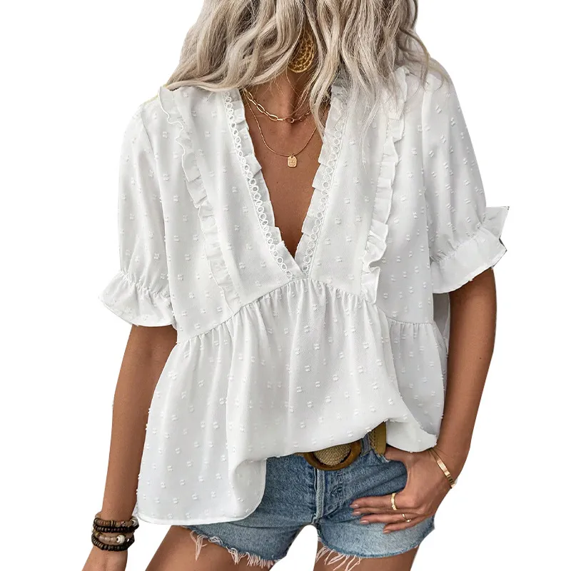 European And American Cut Flower Fur Ball Shirt Short Sleeve Lace - White