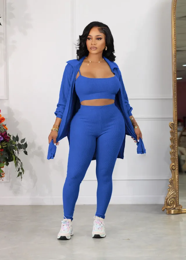 Fashion Casual Home Sling Jacket Small Sunken Stripe Three piece Set Blue - Shop at LoveMi
