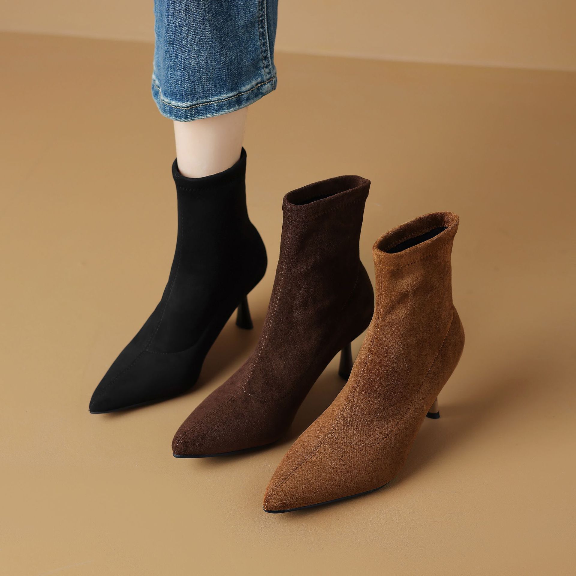 French-style Elegant Pointed-toe Suede High-heeled Stretch Slim-fit Boots