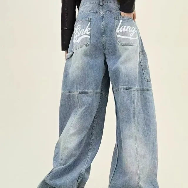 Washed Wide leg Overalls Casual Straight leg Long Pants American High Street Printed Jeans For Women Blue - Shop at LoveMi