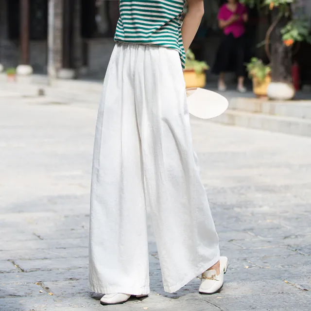 Women's Cotton And Linen Stone Washed Artistic All match Wide Leg Pants Plain White - Shop at LoveMi