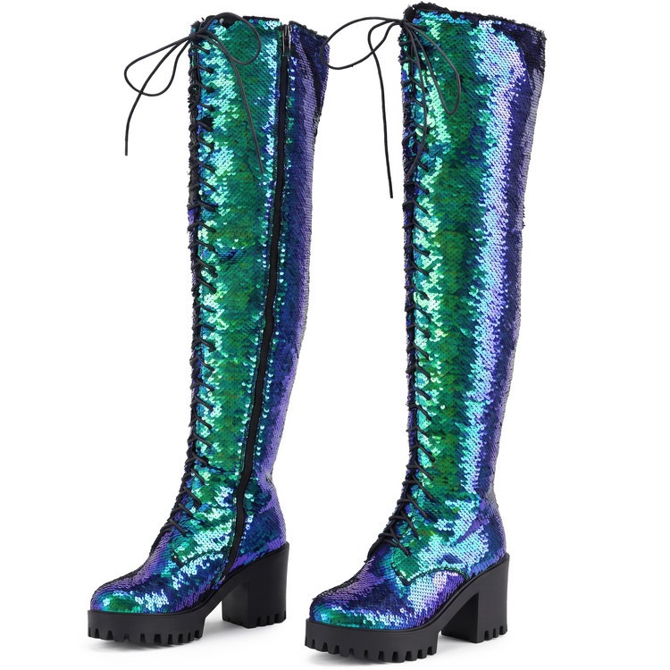 Sequined Platform Chunky-Heel Boots