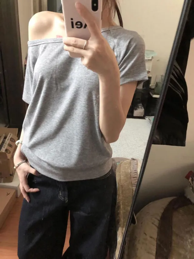 Niche Design Slim Chic Shoulder Short sleeved T shirt For Women Gray Top - Shop at LoveMi