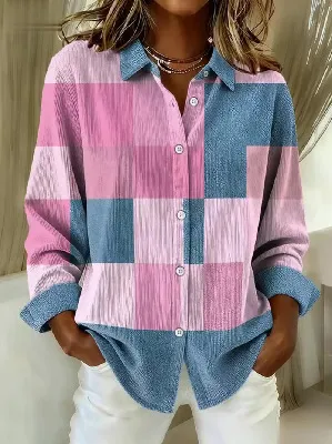 Womens Plaid Loose Fit Retro Long Sleeve Shirt Top Style 5 2Xl - Shop at LoveMi