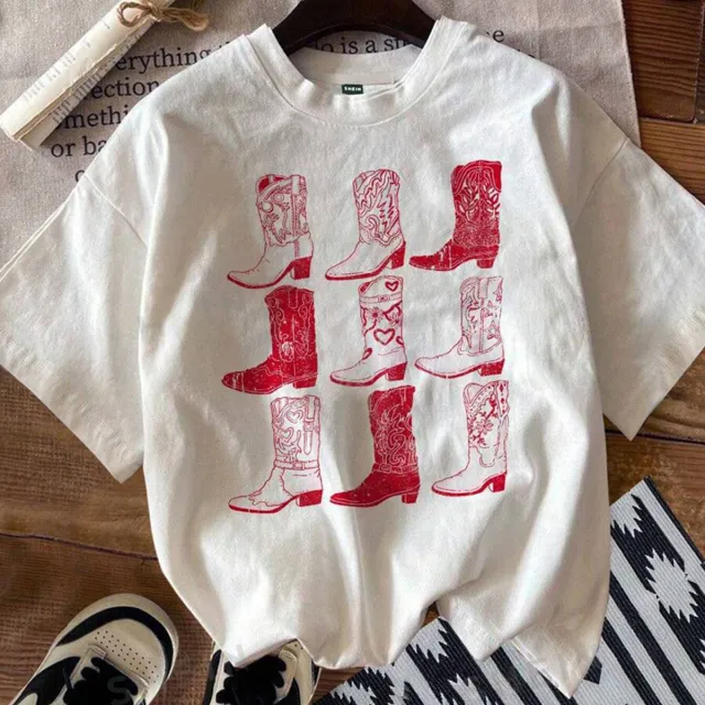 Fashion Retro Boots Printed T shirt For Women White - Shop at LoveMi