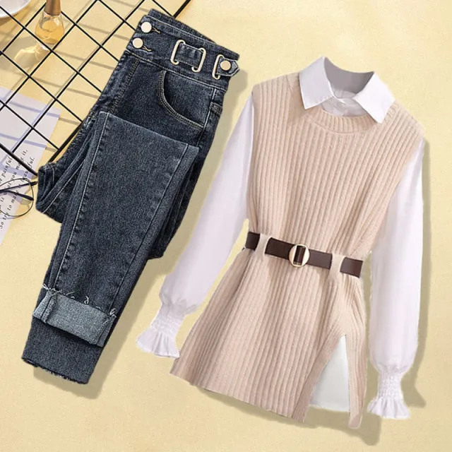 Women's Knitted Vest Shirt Jeans Three piece Set Apricot Blue Pants 3Pcs Set - Shop at LoveMi