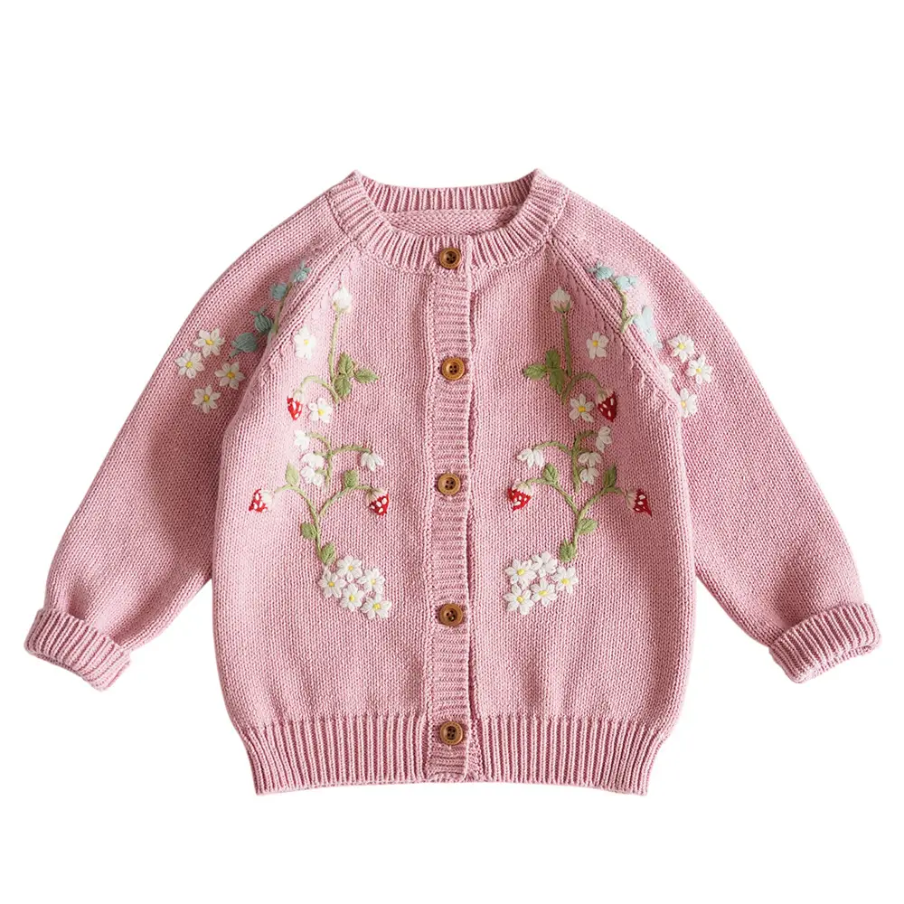 Girls' Knitted Sweater Hand Embroidered Strawberry Flower Cardigan