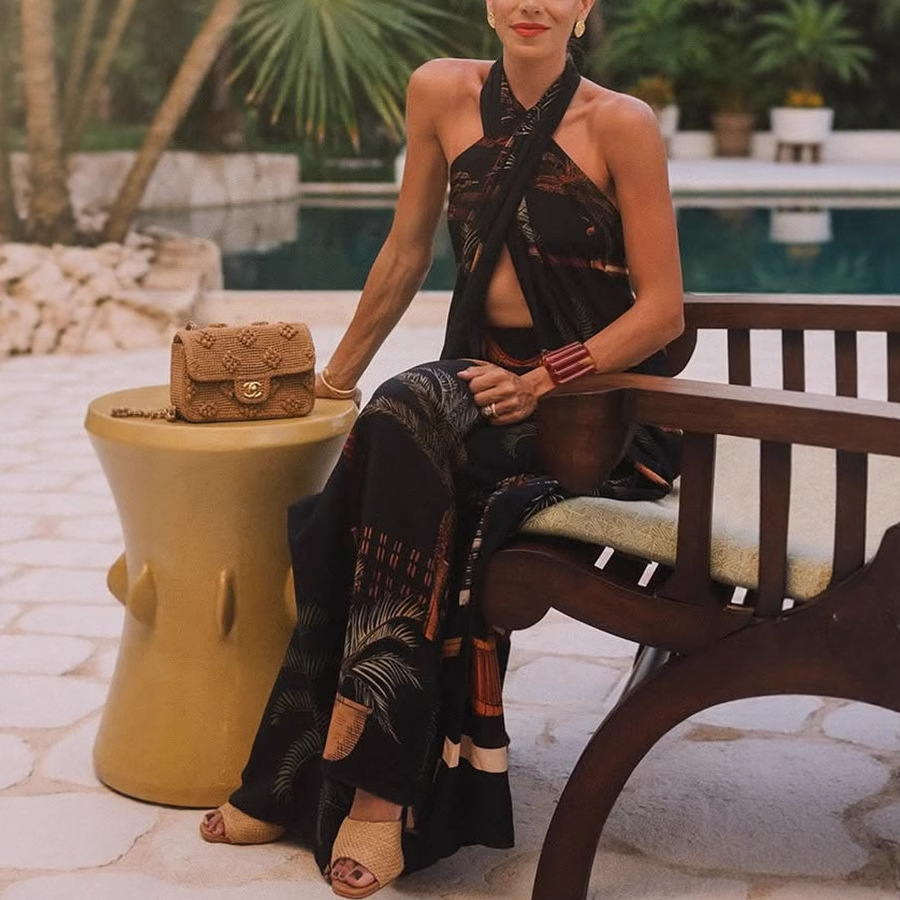 Retro Straight Wide-leg Pants Cross-halterneck Top Two-piece Suit