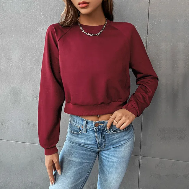 European And American Long Sleeve Round Neck Solid Color Hoodie Women Red - Shop at LoveMi