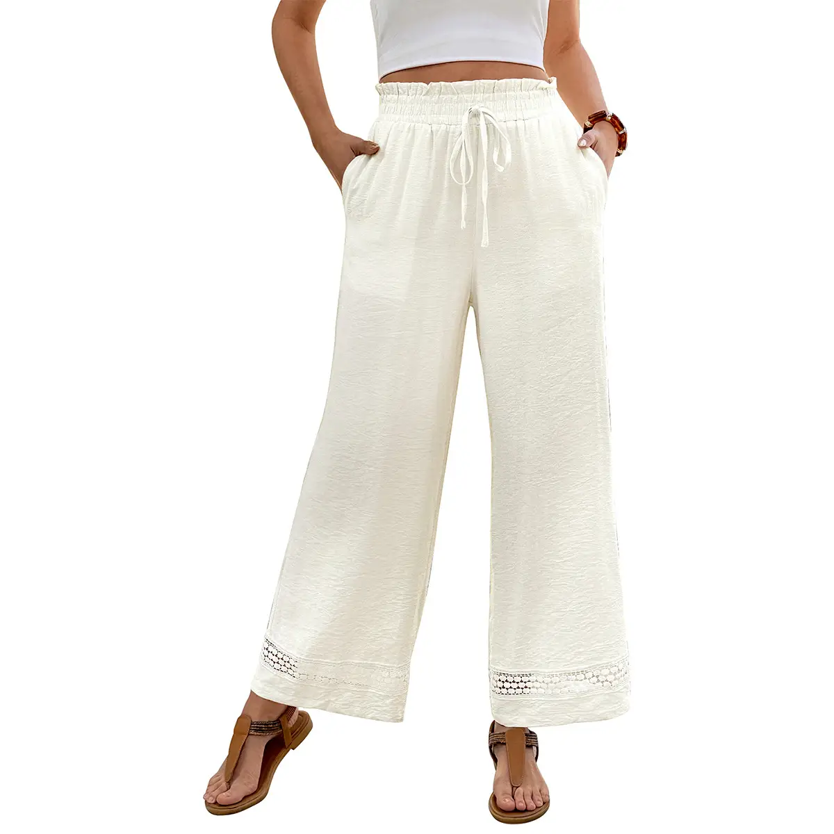 Solid-color Straight-leg Casual Pants With An Elastic Waist For Women