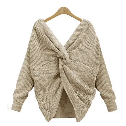 V neck Cross Backless Sweater Sexy Long sleeved Sweater Apricot - Shop at LoveMi