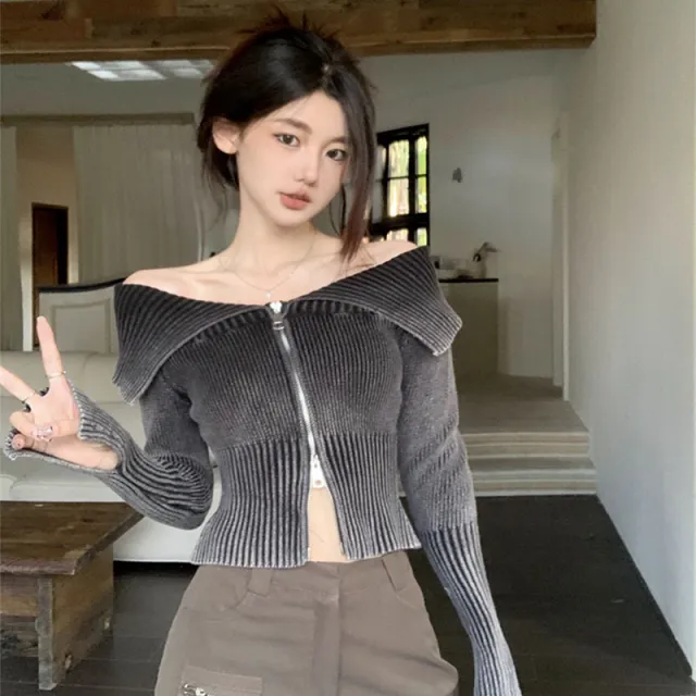 Autumn And Winter New Slim Vertical Striped Long Sleeve Knitted Cardigan Top Off the shoulder Cropped Sweater Coat Black - Shop at LoveMi