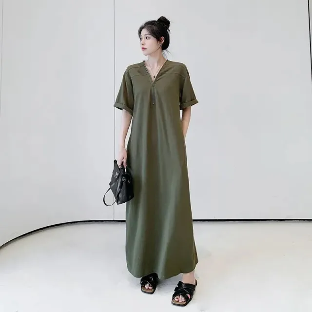 Retro Hepburn Zipper Dress Summer Loose Casual Slightly Fat Army Green - Shop at LoveMi