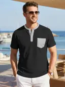 Mens Color-Block Pocket Waffle-Knit Henley T-Shirt view 3