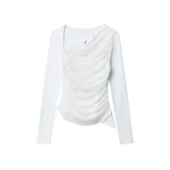 Women's Long-sleeved T-shirt With Oblique Neckline Design Solid Colour Slim Bottoming Shirt - White - View 1