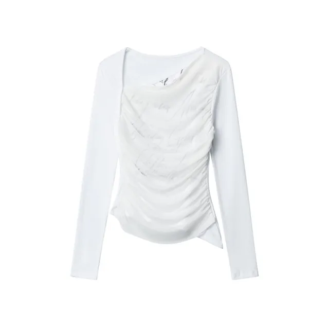 Women's Long sleeved T shirt With Oblique Neckline Design Solid Color Slim Bottoming Shirt White - Shop at LoveMi