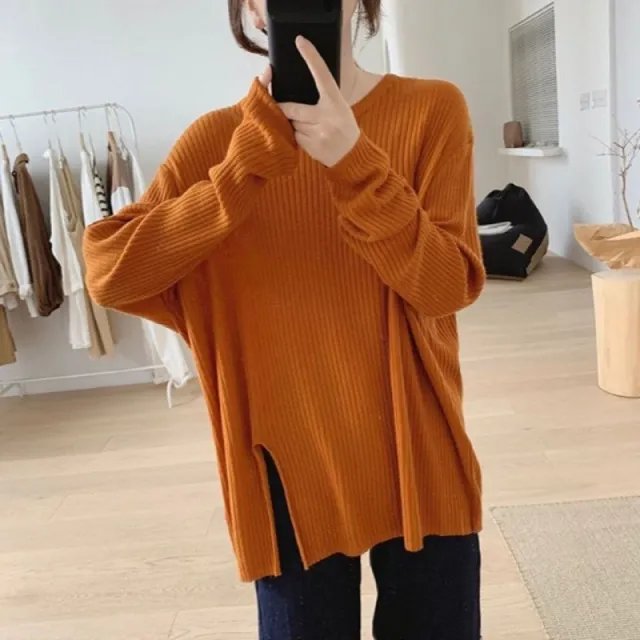 Split Pullover Long Sleeve Cashmere Sweater Orange - Shop at LoveMi