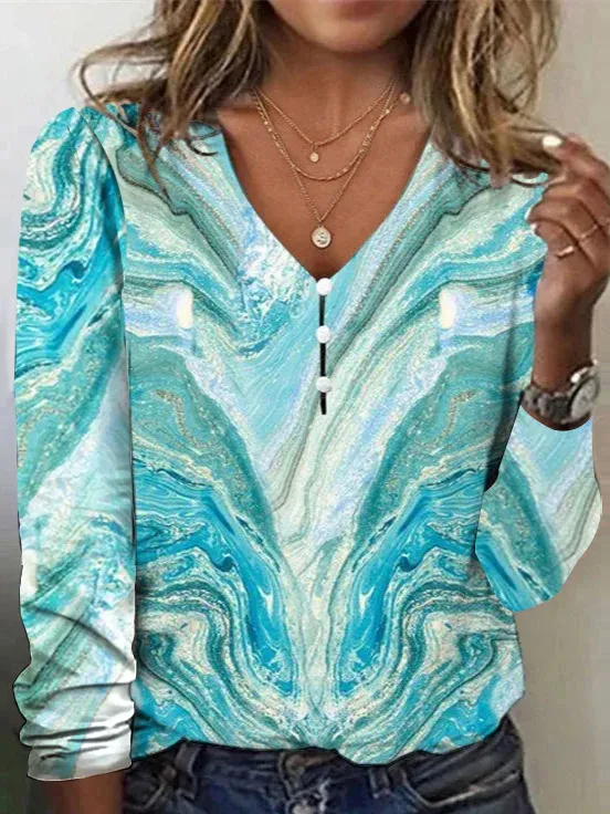 V neck Starry Sky Tie dyed Pearl Button T shirt With Long Sleeves Hoodie Emerald - Shop at LoveMi