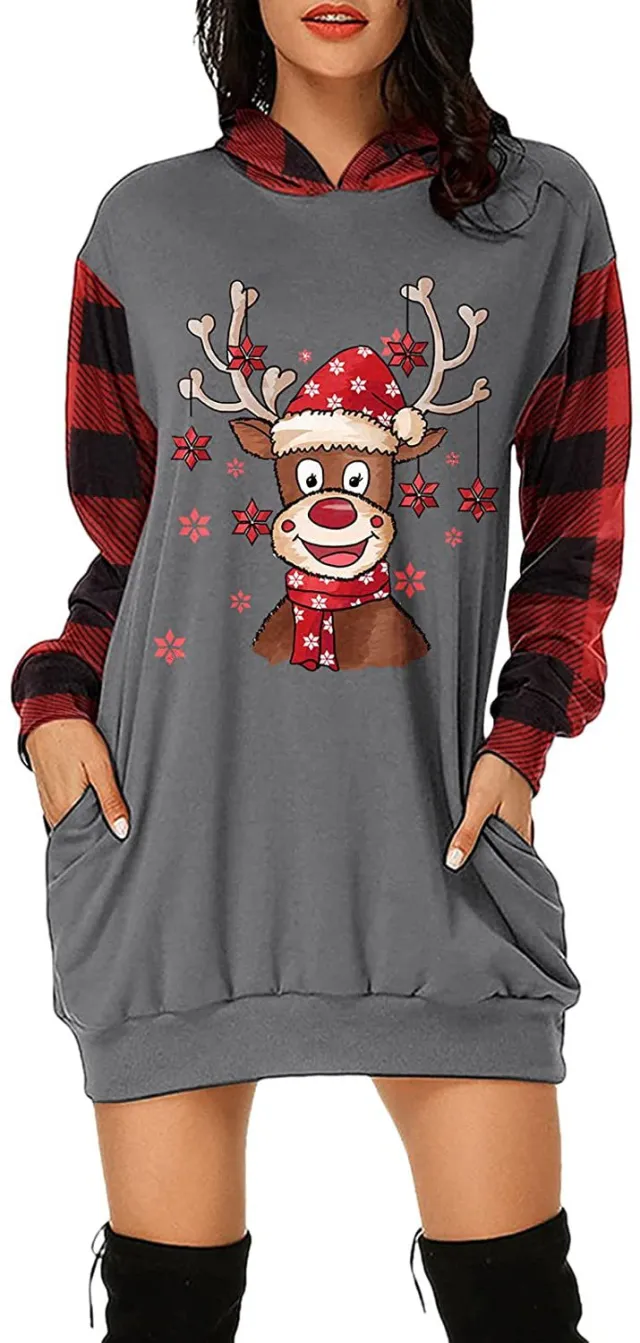 Christmas City Casual Hooded Loose fitting Dress 7Style - Shop at LoveMi