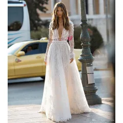 Women's Wedding Dress Lace Long Sleeve Dinner Party Gown - White - View 1