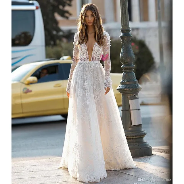 Women's Wedding Dress Lace Long Sleeve Dinner Party Gown White - Shop at LoveMi