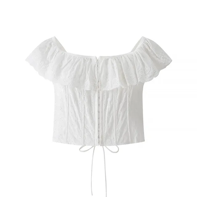 Women's French Two tone All cotton Embroidered Lace Ruffled Vest White - Shop at LoveMi