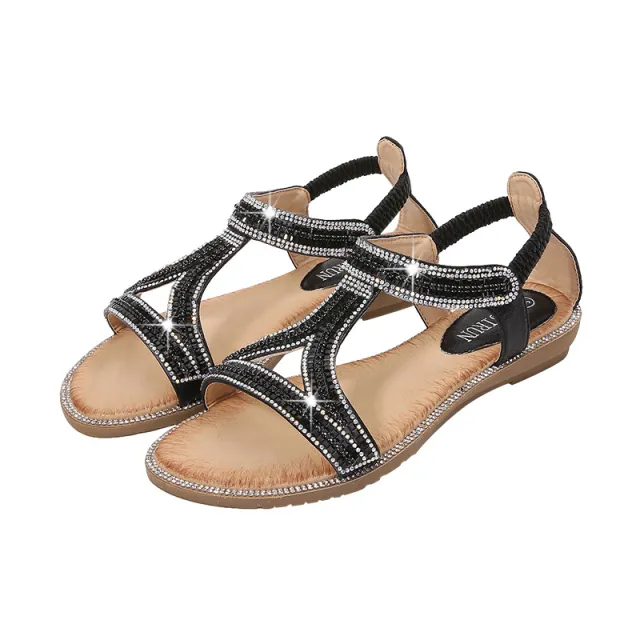 Bohemian Style Women's Shoes Hollow Out Flat Rhinestone Sandals Black - Shop at LoveMi