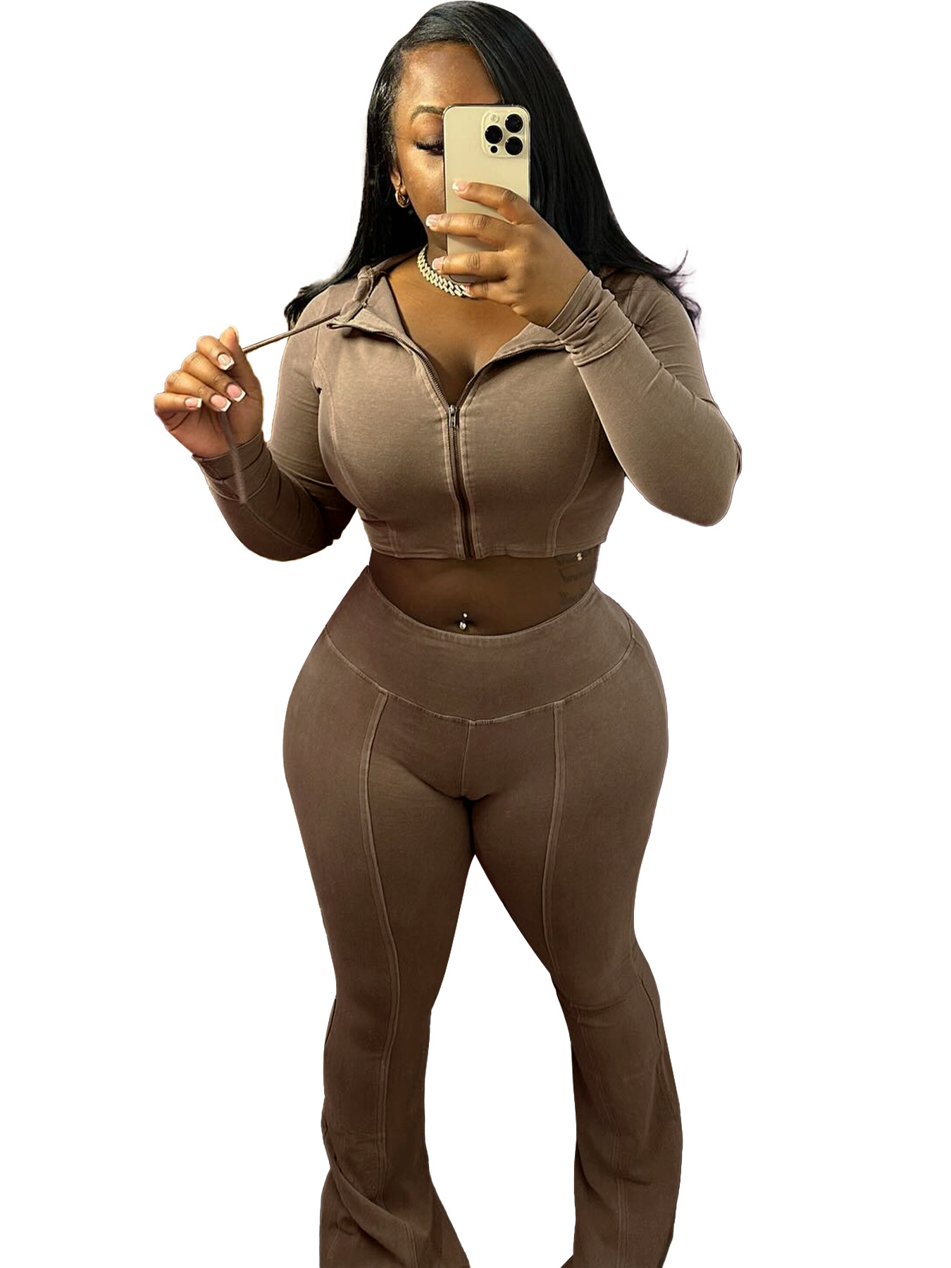 Women's Washed Hooded Bell-bottom Pants Casual Suit