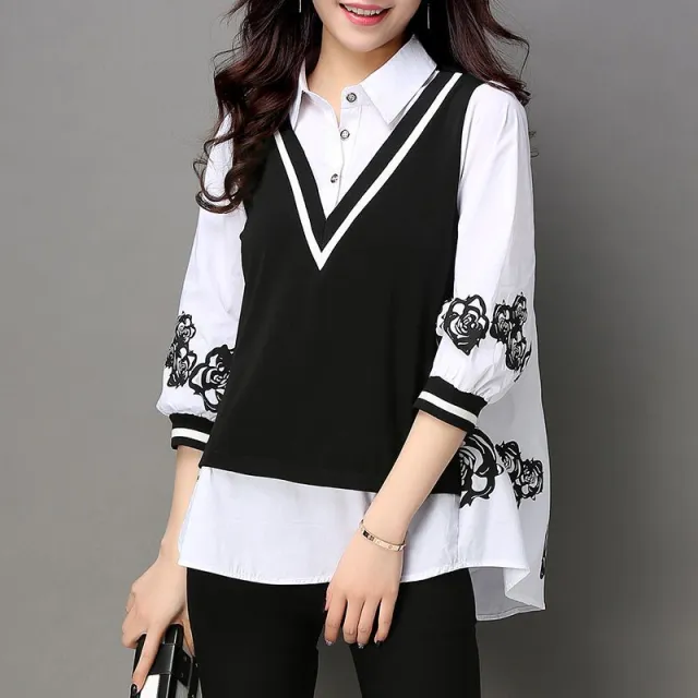 Women's Three quarter Sleeve Fake Two piece Bottoming Shirt Picture Color 2Xl - Shop at LoveMi