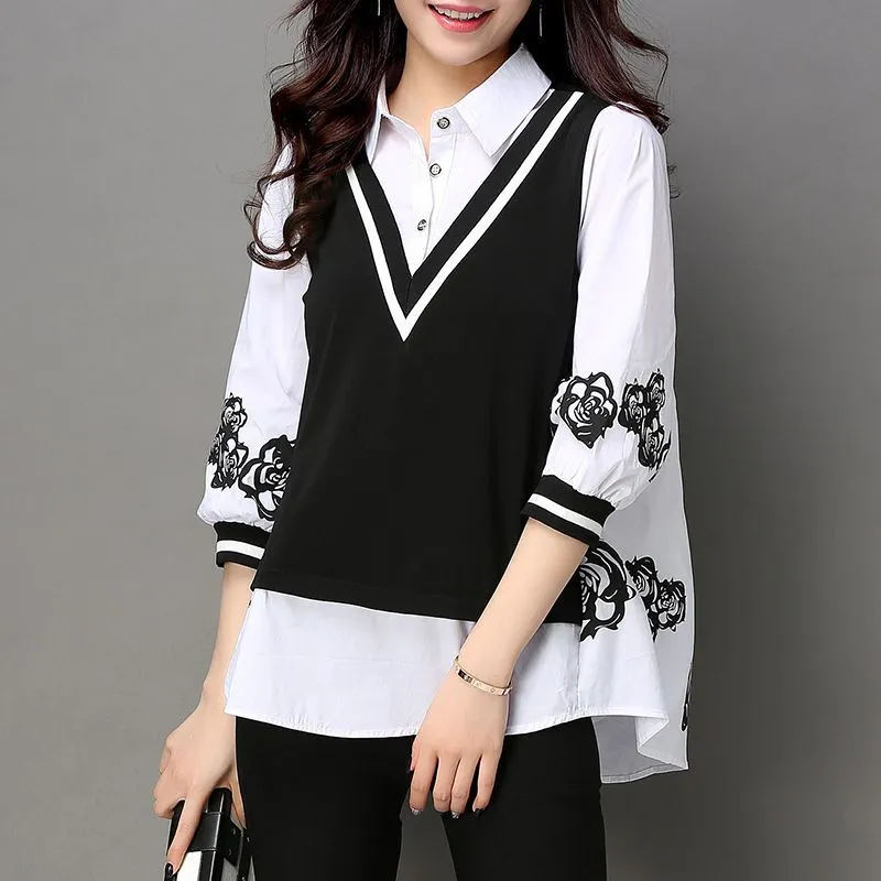 Women's Three-quarter Sleeve Fake Two-piece Bottoming Shirt - Picture Color-2Xl