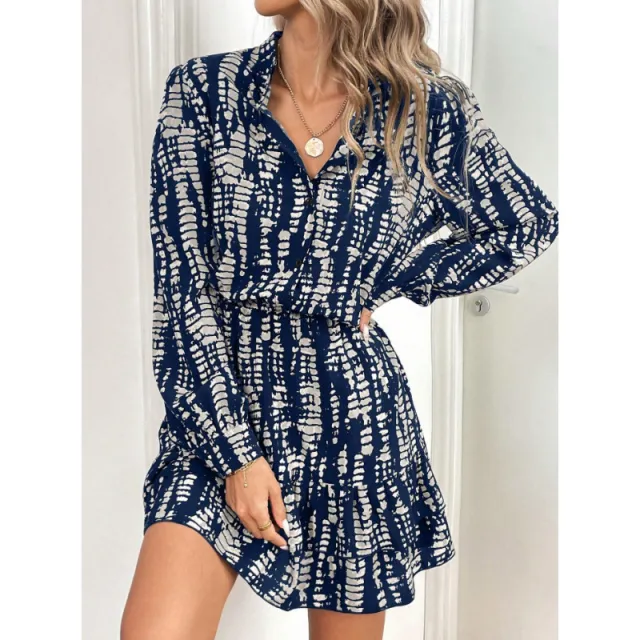 Fashion Printed Ruffled Long Sleeve Dress Women Dark Blue - Shop at LoveMi