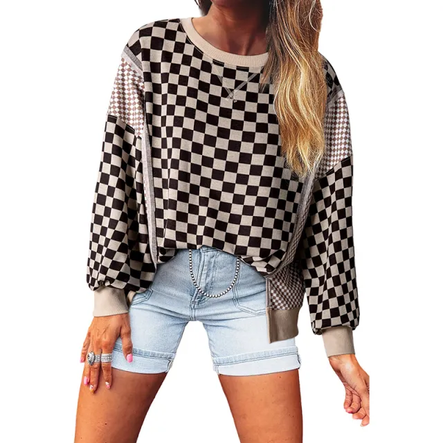 Women's Simple And Versatile Round Neck Plaid Patchwork Pullover Brown - Shop at LoveMi