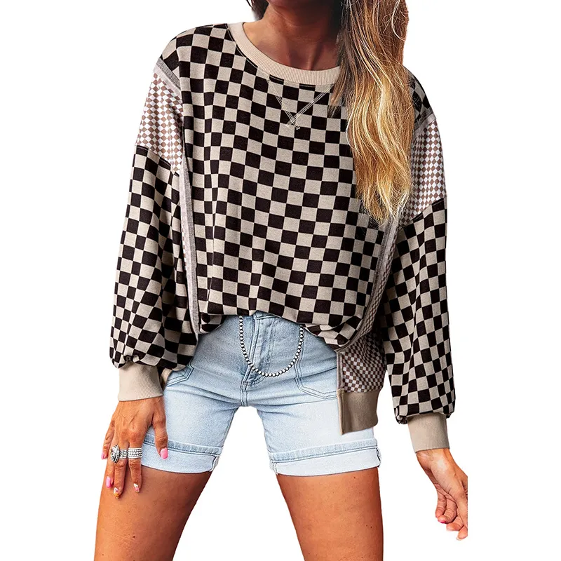 Women's Simple And Versatile Round-Neck Plaid Patchwork Pullover - Brown