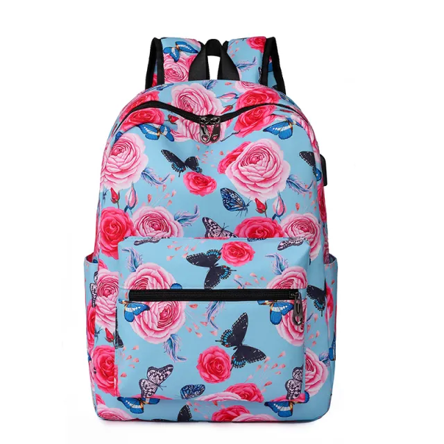 Casual Backpack Fashionable Printed USB Charging Rose - Shop at LoveMi