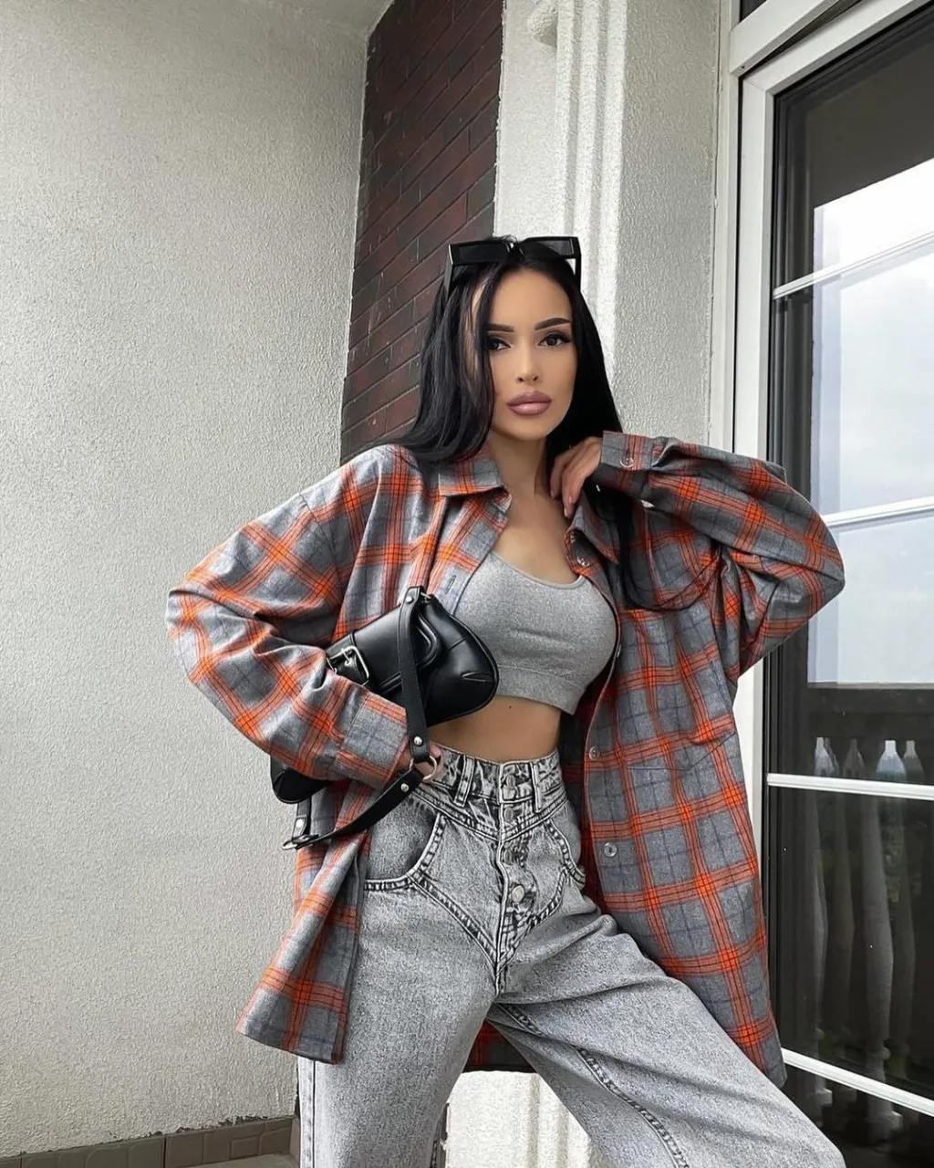 Women's Retro Easy Matching Lapel Loose Plaid Long-sleeved Shirt - Orange