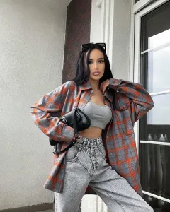 Women's Retro Easy Matching Lapel Loose Plaid Long-sleeved Shirt - Orange - View 1