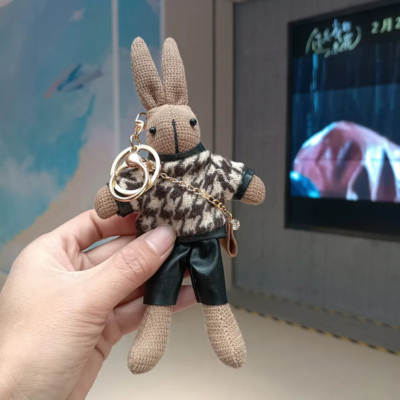 Houndstooth Rabbit Bag Cute Plush Pendant Creative Keychain - Long Sleeves