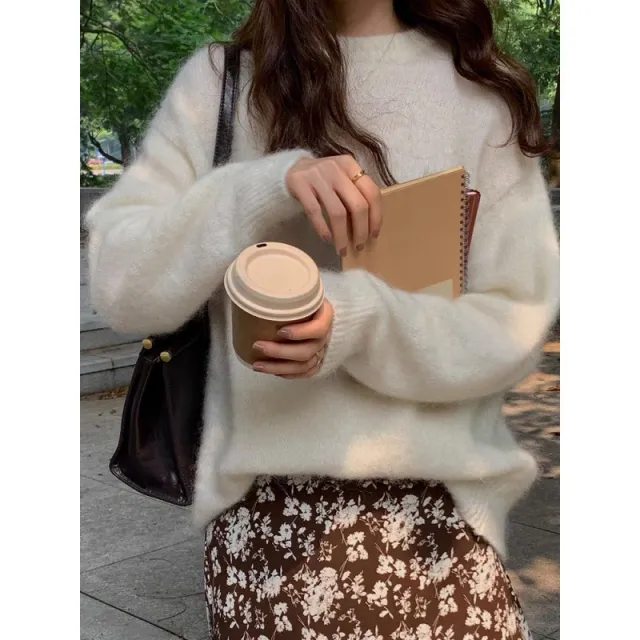 Basic Round Neck Pullover Knitted Sweater White - Shop at LoveMi
