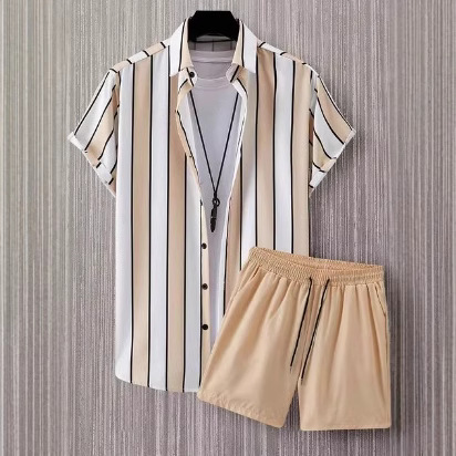 Simple And Stylish Striped Lapel Short-sleeve Shirt And Shorts Two-piece Set Simple And Stylish Striped Lapel Short-sleeve Shirt And Shorts Two-piece Set