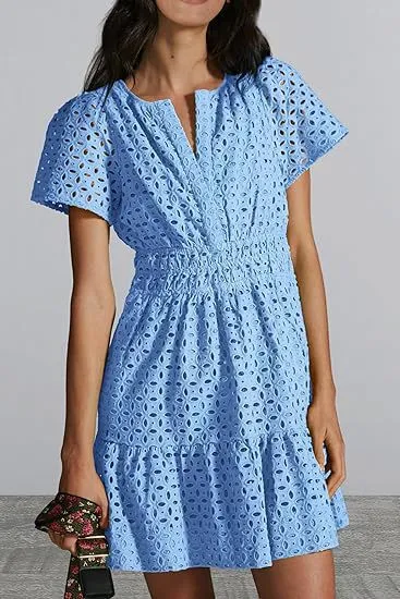 Female V neck Hollow Lace Pleated Short Sleeves Dress Blue - Shop at LoveMi