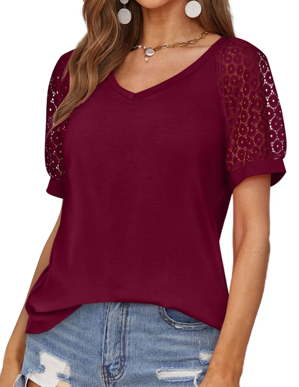 V-neck Lace Stitching Casual T-shirt For Women - Wine