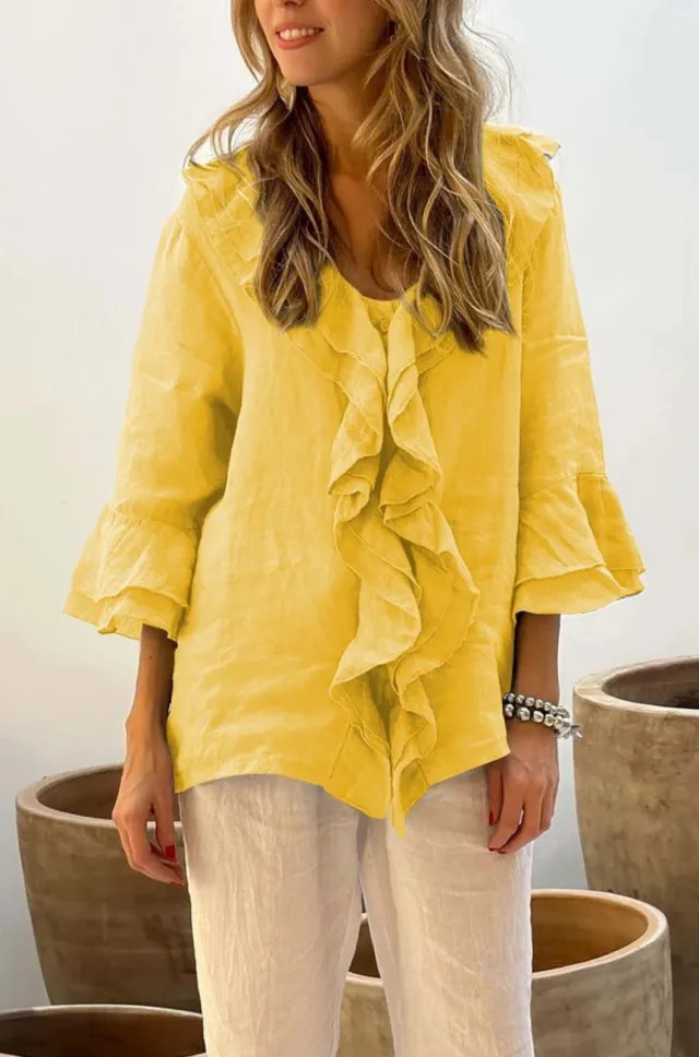 Fashion V neck Ruffled Sleeve Ruffled Loose Casual Yellow - Shop at LoveMi