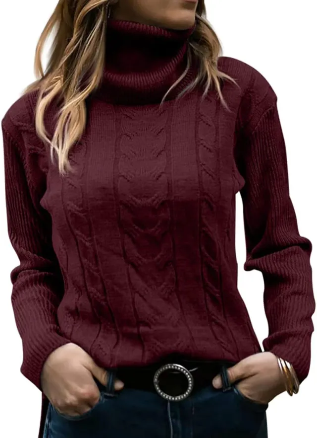 Solid Color Turtleneck Sweater Retro Long Sleeve Sweater Wine - Shop at LoveMi