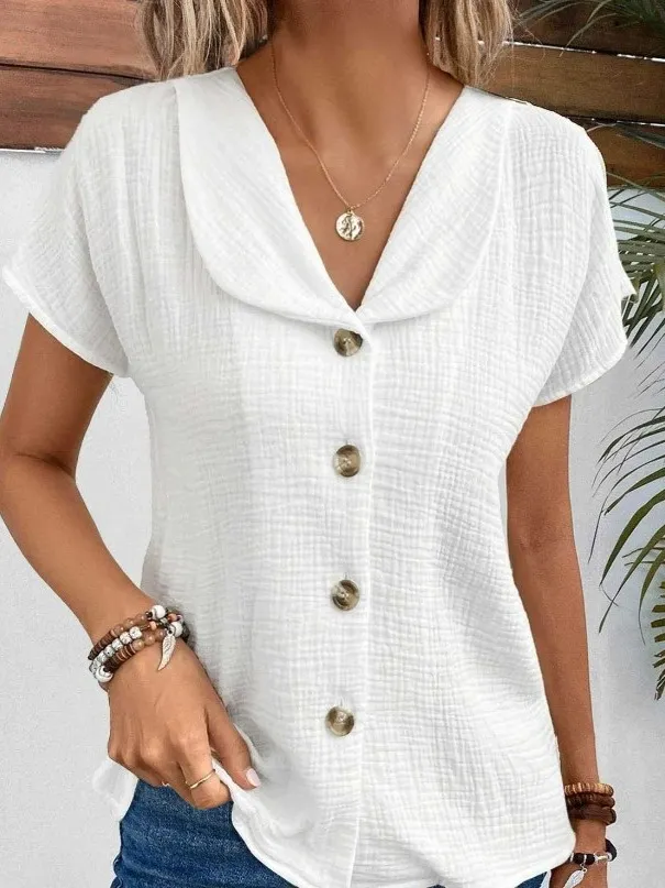 Summer Solid Color Fashion Short sleeved Cardigan Button Women's Top White - Shop at LoveMi