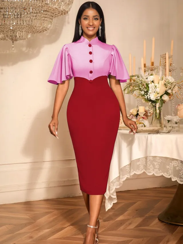 New Retro Half Turtleneck Contrast Color Ruffle Sleeve Dress Red - Shop at LoveMi