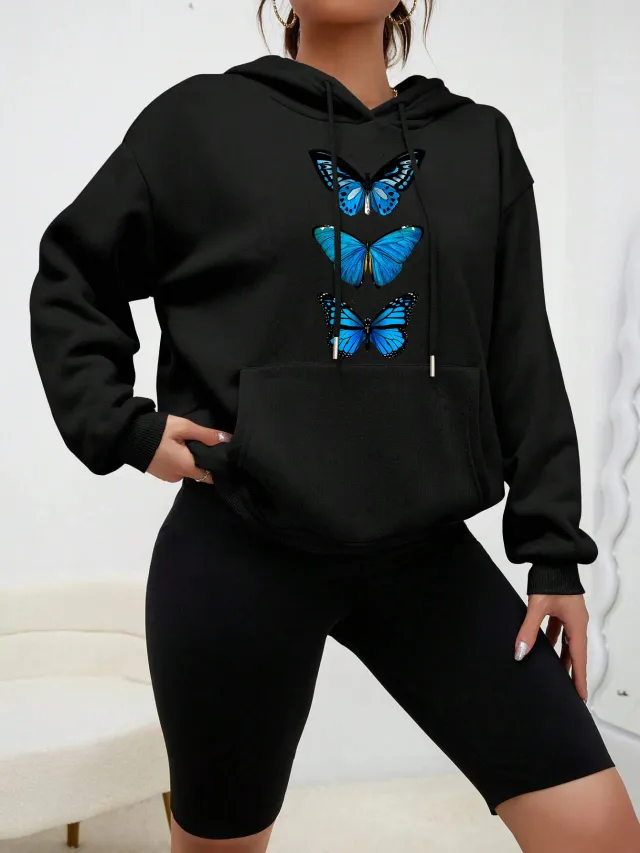 Sweet Hooded Long Sleeve Street Hipster Printed Pullover Sweatshirt Black - Shop at LoveMi