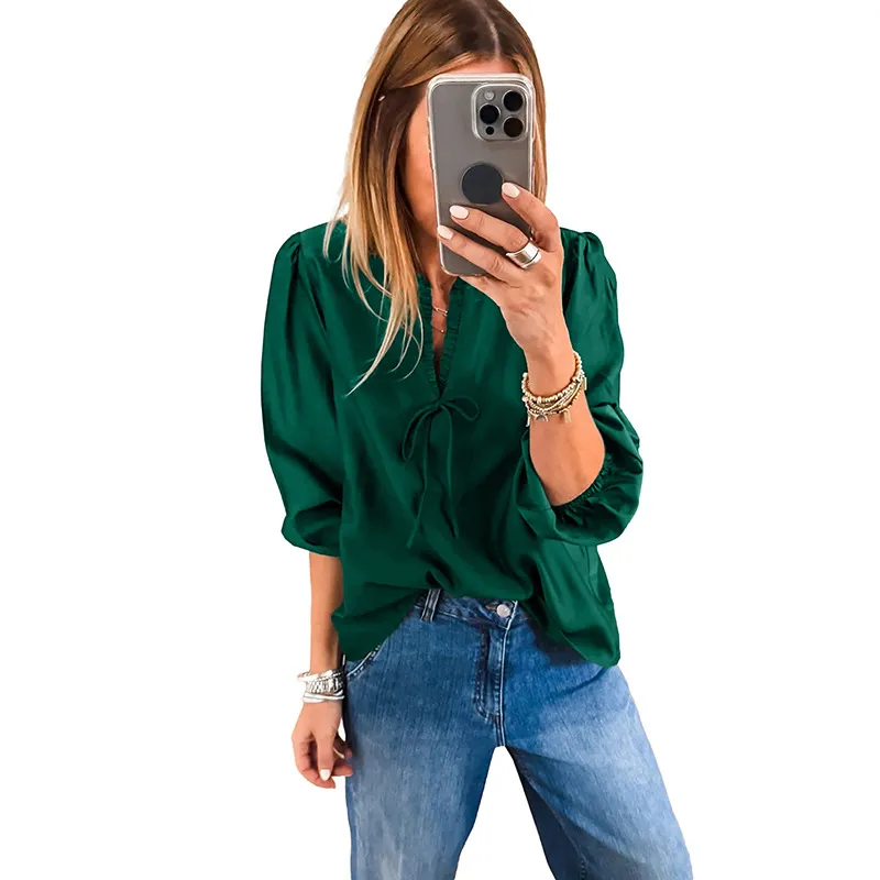 Women's Solid-color V-neck Long-sleeve Chiffon Blouse With Bow Tie Straps - Green